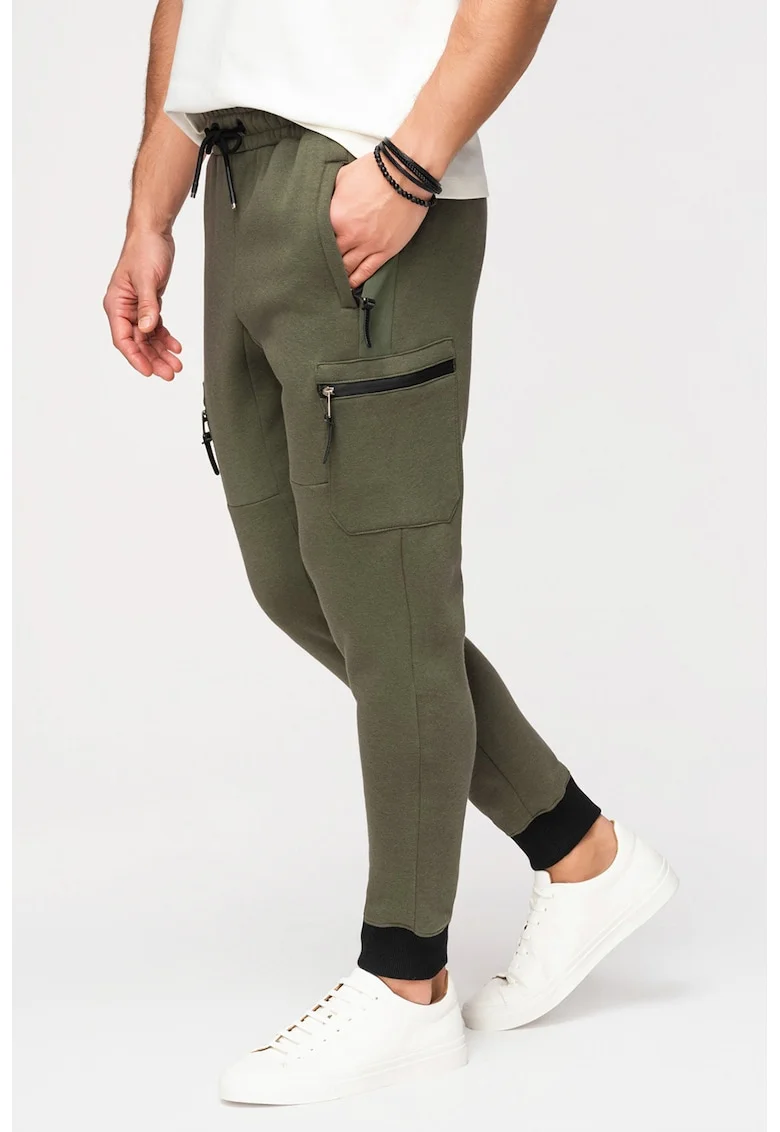 Pantaloni de trening cu croiala slim-fit si snur in talie, Verde masliniu inchis