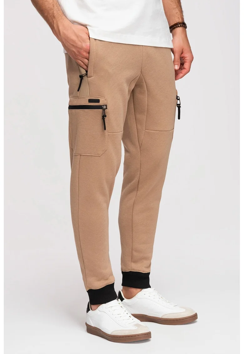 Pantaloni de trening cu croiala slim-fit si snur in talie, Bej inchis
