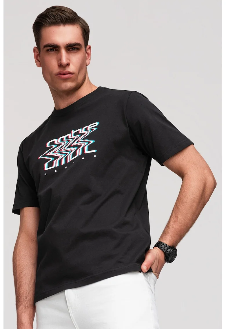 Tricou slim-fit cu imprimeu grafic, Alb/Negru/Albastru deschis neon