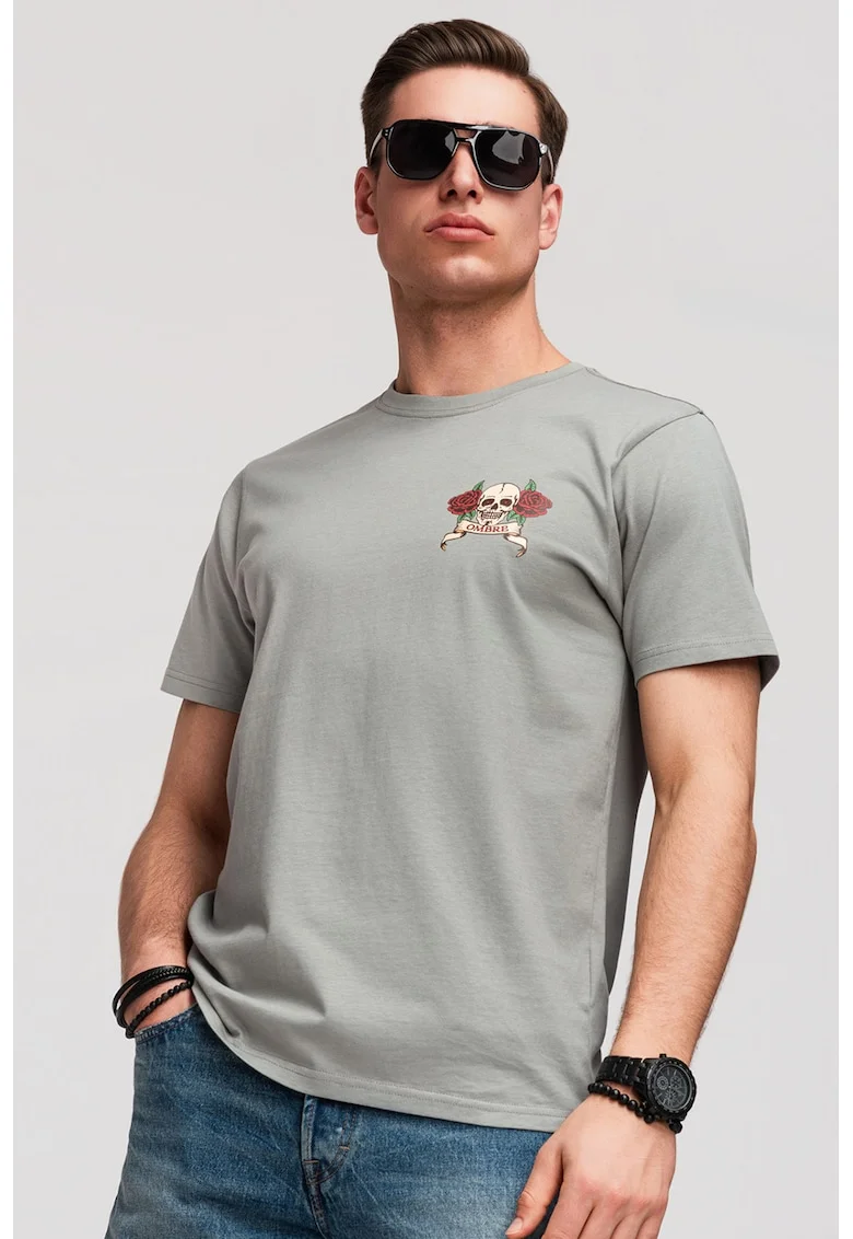 Tricou slim-fit cu imprimeu grafic, Gri/Portocaliu