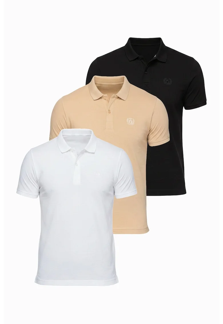 Set de tricouri polo din bumbac - 3 piese, Alb/Negru/Bej inchis