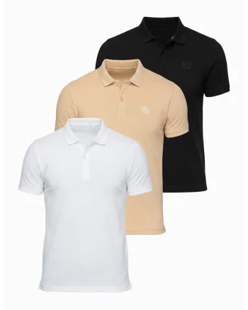 Set de tricouri polo din bumbac - 3 piese, Alb/Negru/Bej inchis