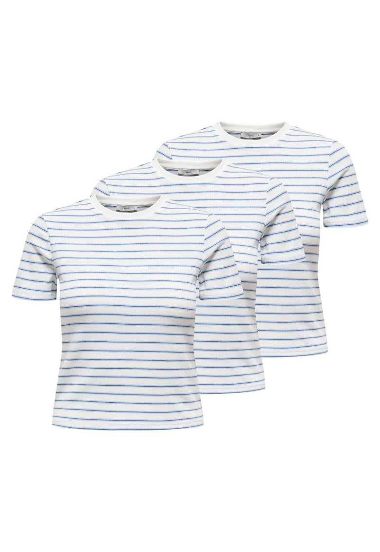 Tricou slim fit cu model in dungi si decolteu la baza gatului, Alb/Albastru