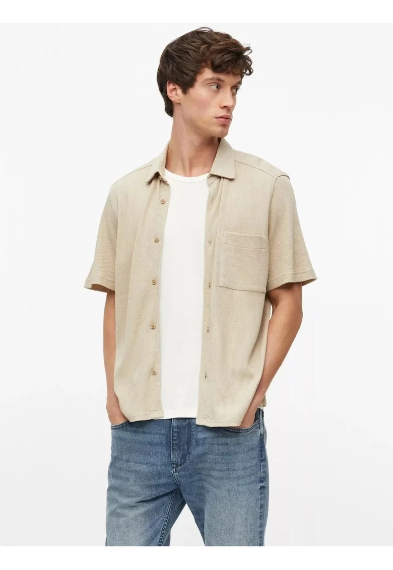 Camasa barbati din amestec de bumbac, piqué tip waffle, Relaxed fit, Bej