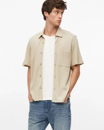 Camasa barbati din amestec de bumbac, piqué tip waffle, Relaxed fit, Bej