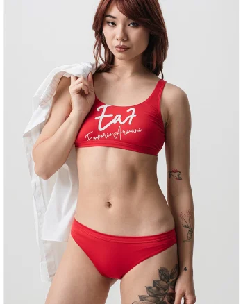 Costum de baie in doua piese cu imprimeu logo, Rosu capsuna
