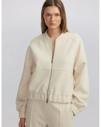 Bluza de trening din amestec de bumbac cu fermoar, Crem