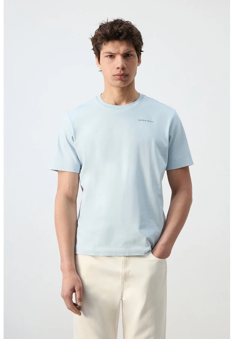 Tricou cu decolteu la baza gatului si imprimeu grafic, Albastru pastel