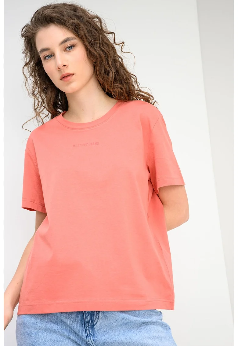 Tricou cu decolteu la baza gatului si logo Floris, Roz somon