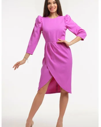 Rochie midi cu maneci bufante, Roz orhidee
