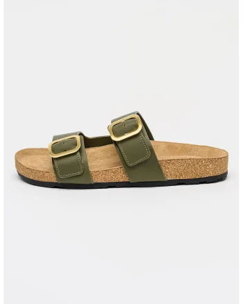 Papuci din piele cu catarame ajustabile, Auriu/Kaki inchis