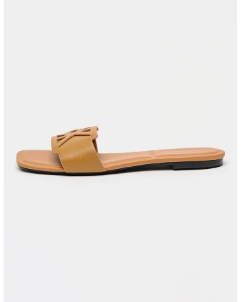 Papuci de piele cu logo, Caramel