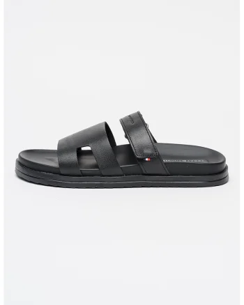Papuci de piele cu bareta velcro, Negru