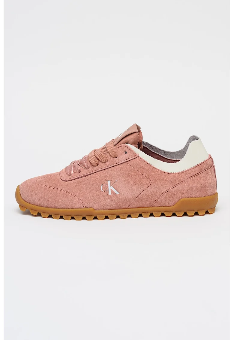 Pantofi sport din piele intoarsa cu sireturi cu texturi variate, Roz prafuit