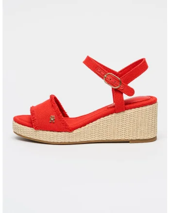 Sandale din material textil cu talpa wedge si franjuri, Auriu/Rosu vermillion