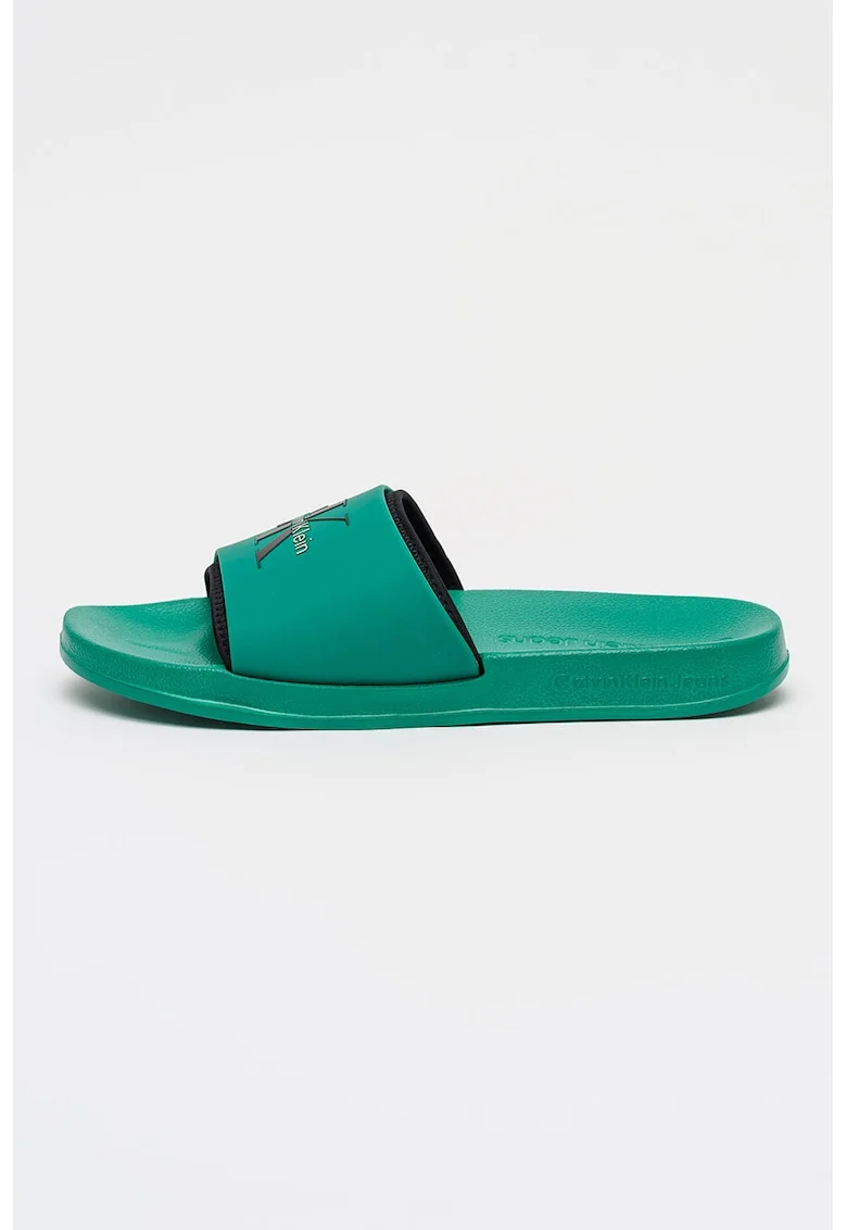 Papuci de piele ecologica cu imprimeu logo, Negru/Verde aquamarin