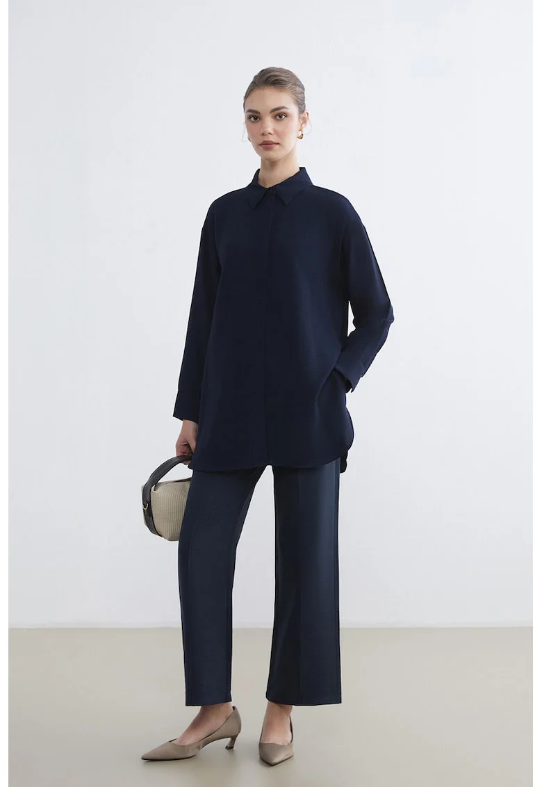 Pantaloni de trening cu croiala evazata si talie inalta, Bleumarin