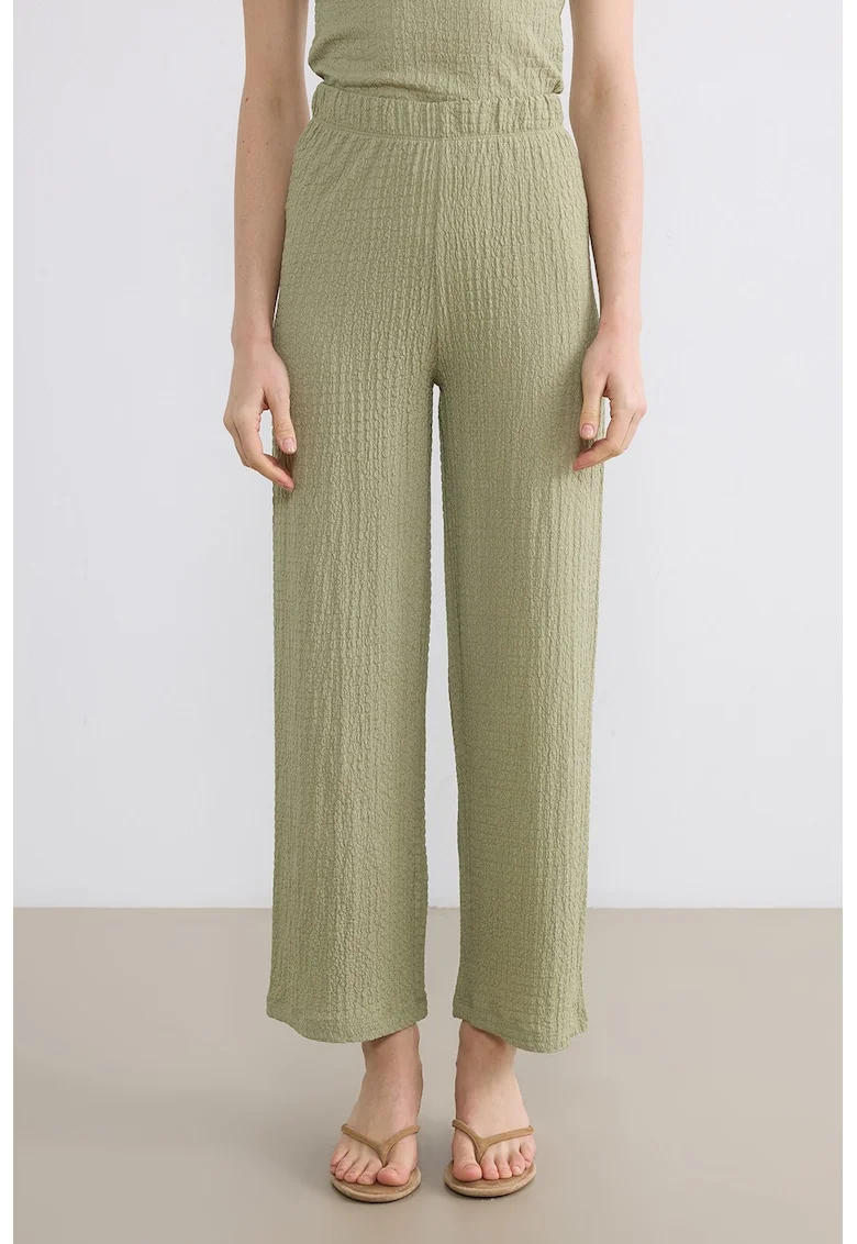 Pantaloni texturati cu croiala ampla si talie elastica, Verde stins