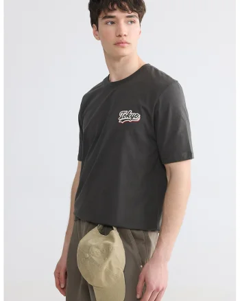 Tricou cu decolteu la baza gatului si imprimeu discret, Gri inchis