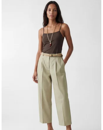 Pantaloni crop cu croiala ampla si curea cu aspect impletit in talie, Kaki deschis