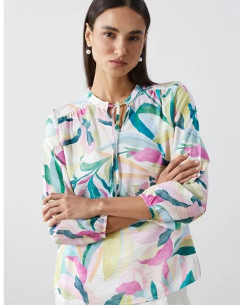 Bluza lejera cu model floral si prindere la decolteu, Multicolor