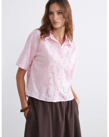 Camasa de bumbac cu broderie Sangallo, Roz
