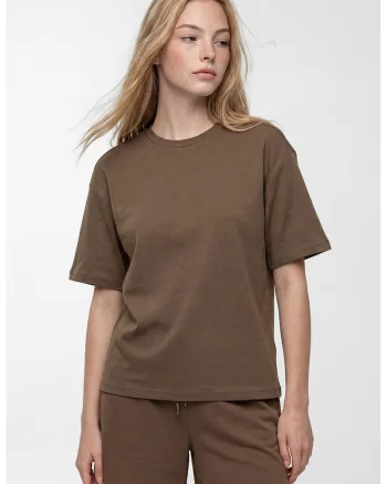 Tricou regular-fit cu maneci cazute si model uni, Maro pamantiu