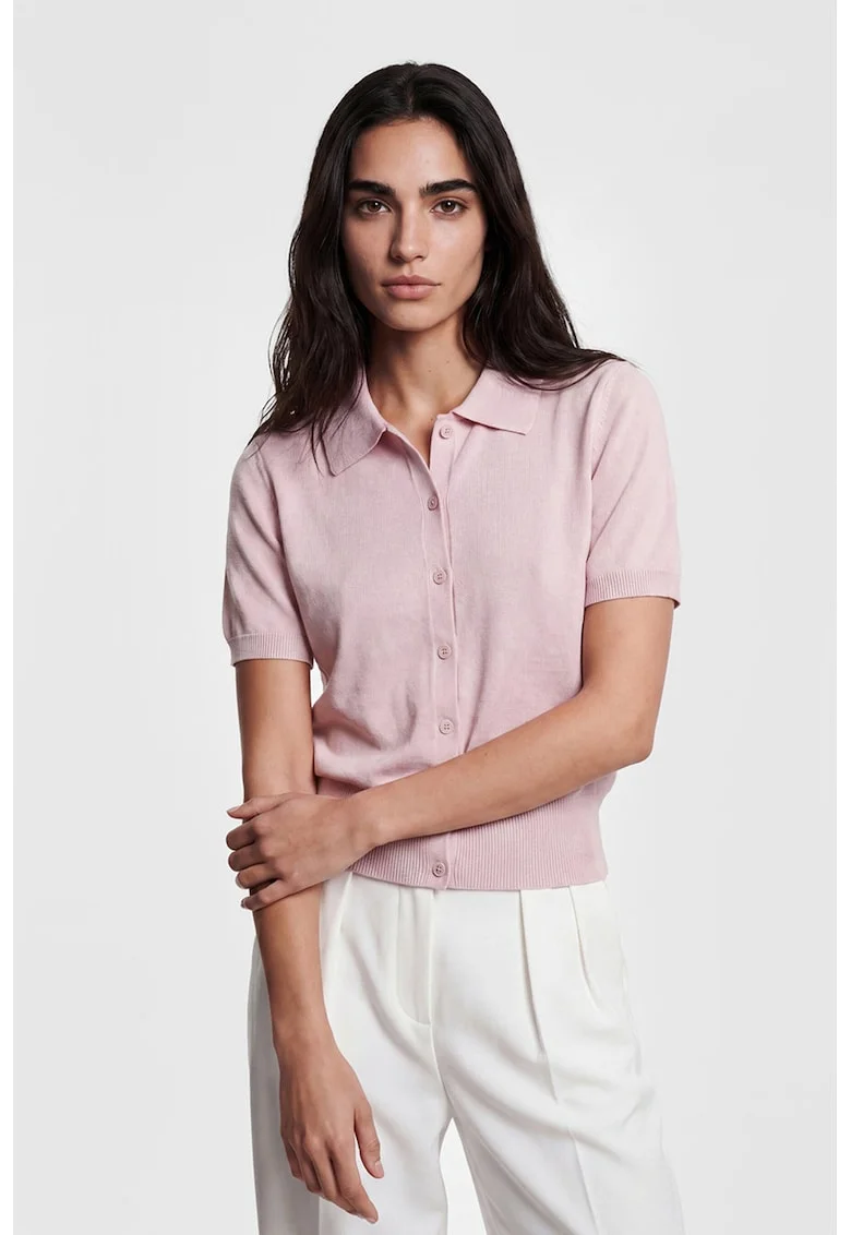 Cardigan cu maneci scurte si guler polo, Roz pal