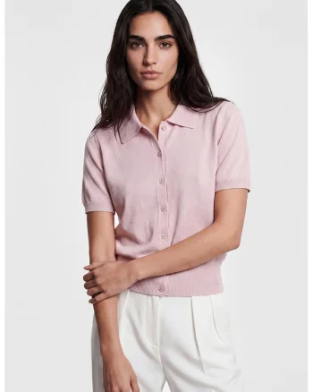 Cardigan cu maneci scurte si guler polo, Roz pal