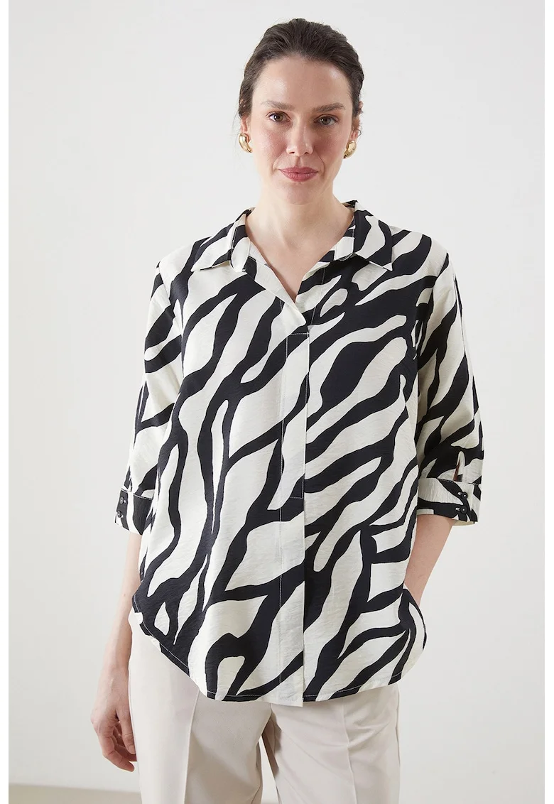 Camasa supradimensionata cu animal print, Negru/Bej deschis