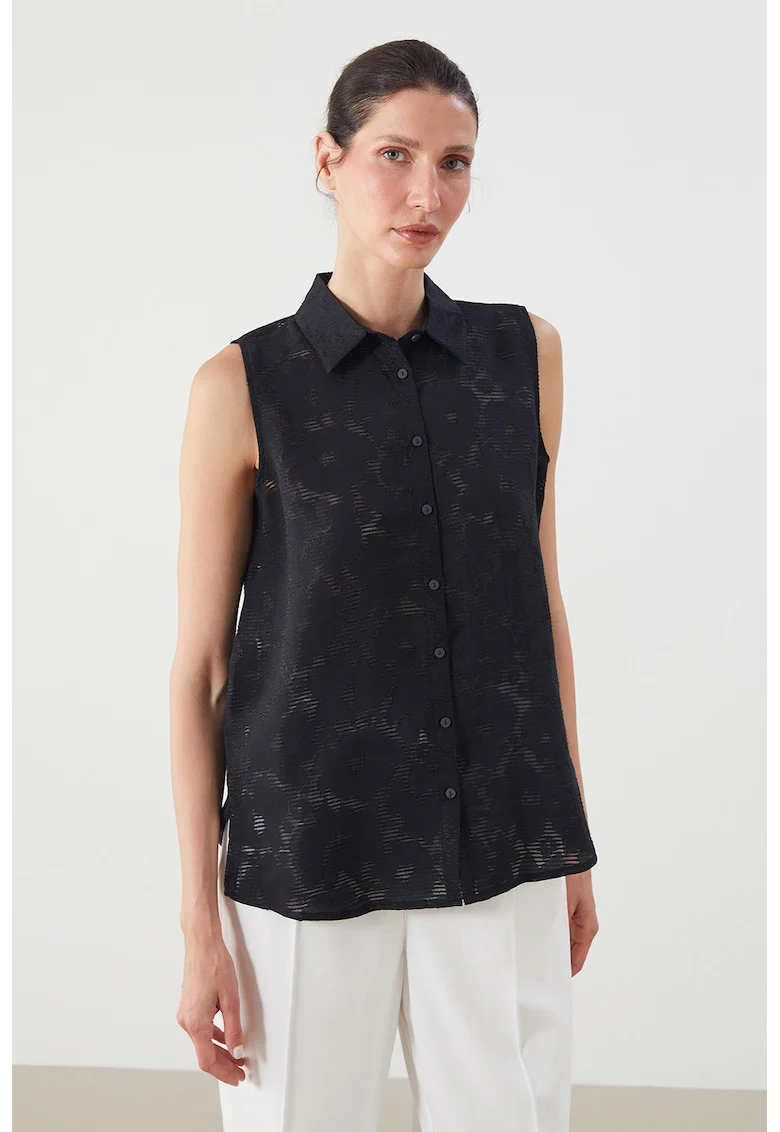 Camasa fara maneci cu dantela si model floral, Negru
