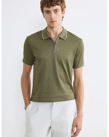 Tricou polo din tricot cu fenta scurta cu fermoar, Kaki inchis