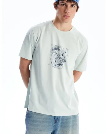 Tricou din bumbac cu imprimeu tropical, Verde deschis/Bleumarin