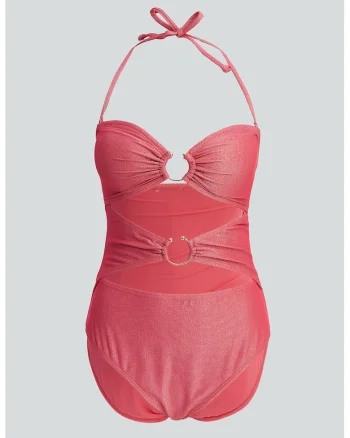 Costum de baie intreg cu aspect stralucitor, Roz prafuit
