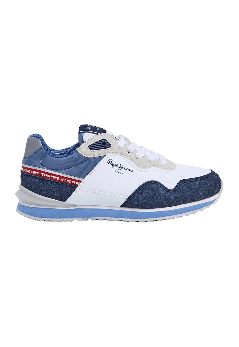 Pantofi sport cu garnituri de piele ecologica intoarsa, Alb/Albastru pastel/Bleumarin