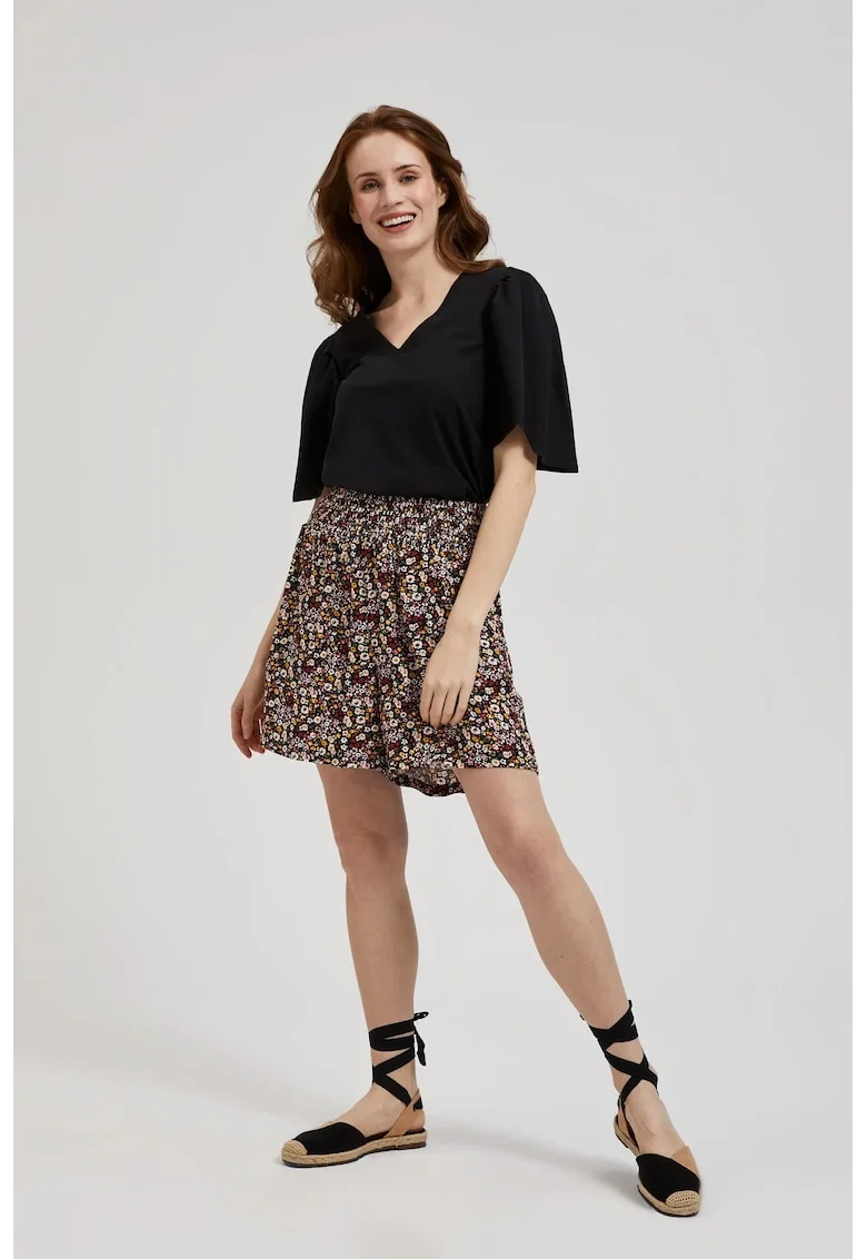 Pantaloni scurti cu imprimeu floral si talie elastica L-SH-4314, Negru