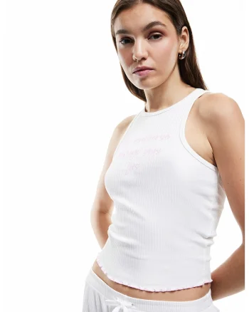 Top de pijama striat cu text brodat, Roz somon/Alb optic