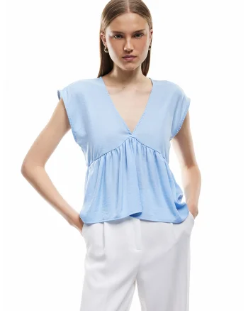 Bluza evazata cu decolteu in V, Albastru azur