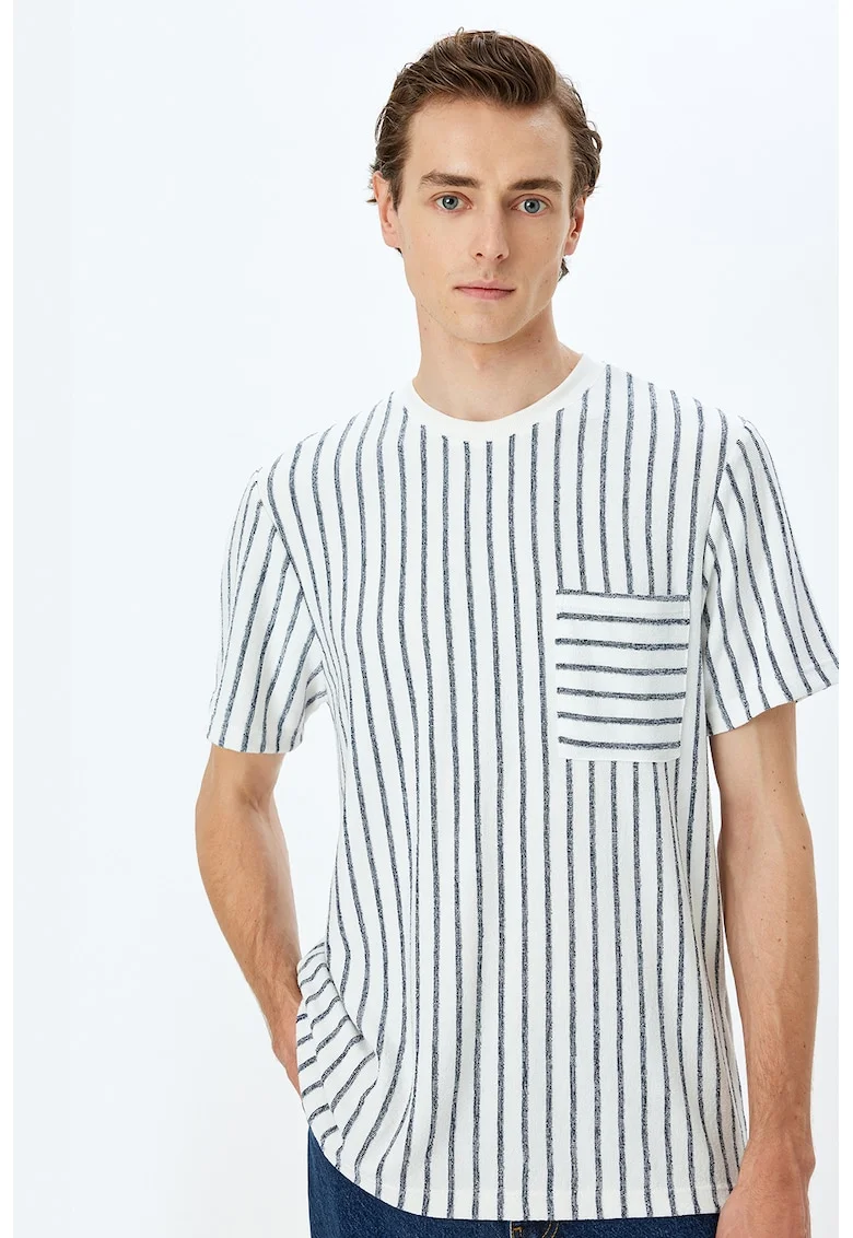 Tricou cu buzunar pe piept si dungi, Alb murdar/Albastru deschis
