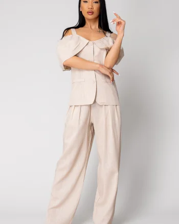 Set Sacou cu umeri cazuti pantalon lung Beige
