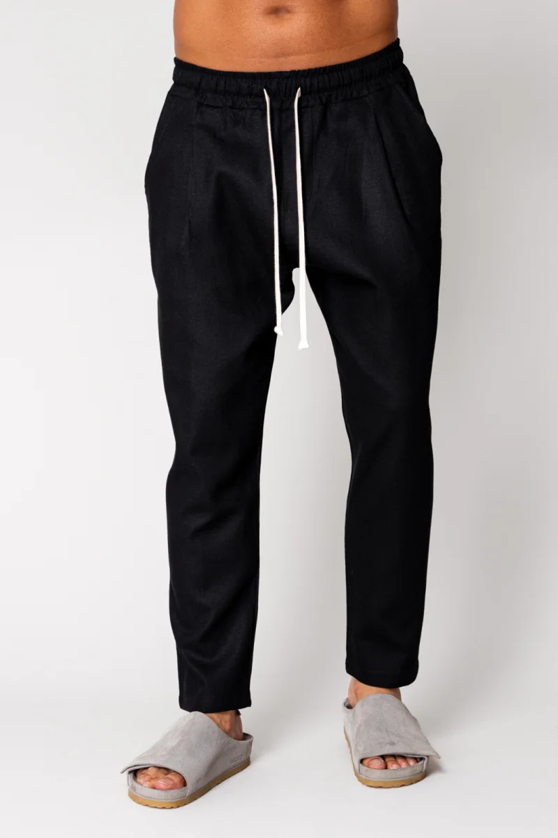 Pantaloni lung din IN cu snur usor conic Black