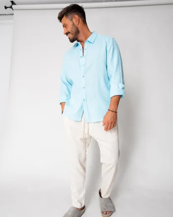 Pantaloni lung din IN cu snur usor conic Beige