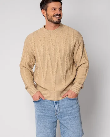 Pulover din mix de lana cu model tricotat Beige