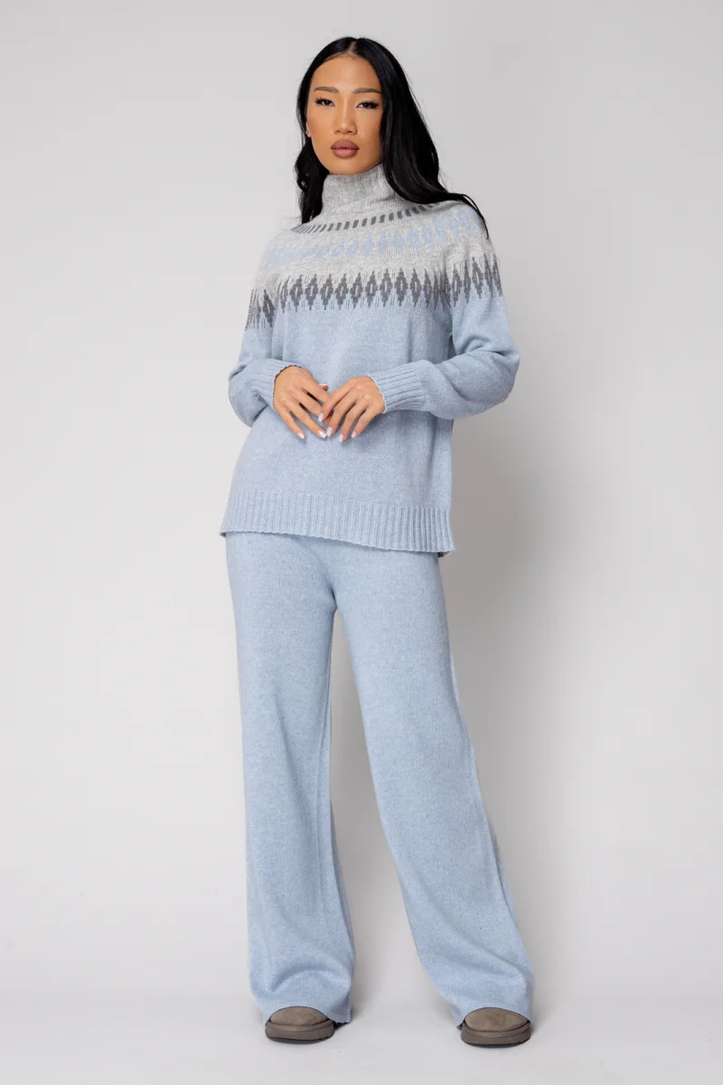 Set Pulover cu guler inalt si Pantalon lung mix de lana si casmir Sky Blue Grey