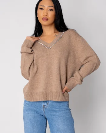 Pulover cu strasuri din lana si casmir Beige