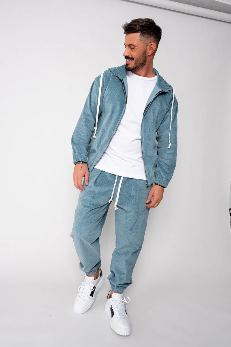 Set Hanorac cu fermoar si Pantalon Lung din reiat Corduroy Storm Blue