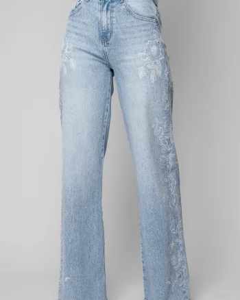 Blugi largi cu model floral si pietricele Light Blue