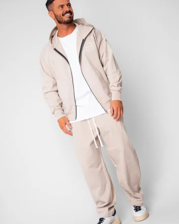 Set Oversized Hanorac cu fermoar si pantalon Baloon fit din 100% Bumbac - 400gr mp Premium Edition Beige