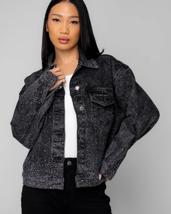 Jacheta din denim cu strasuri Black