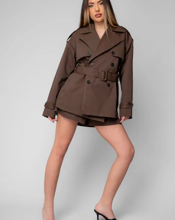 Set Jacheta Oversized cu cordon si Pantalon scurt Brown